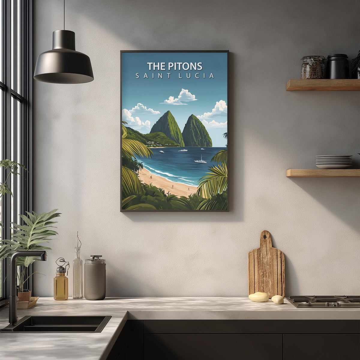 a framed poster of St. Lucia, a tropical island in the Caribbean, hanging on a wall above a kitchen counter.