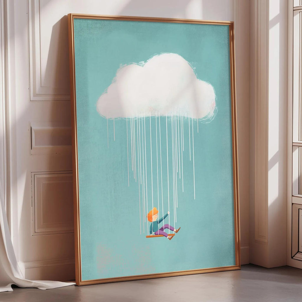 a framed artwork depicting a person sitting on a boat in the rain, with a large white cloud falling from the sky above them.