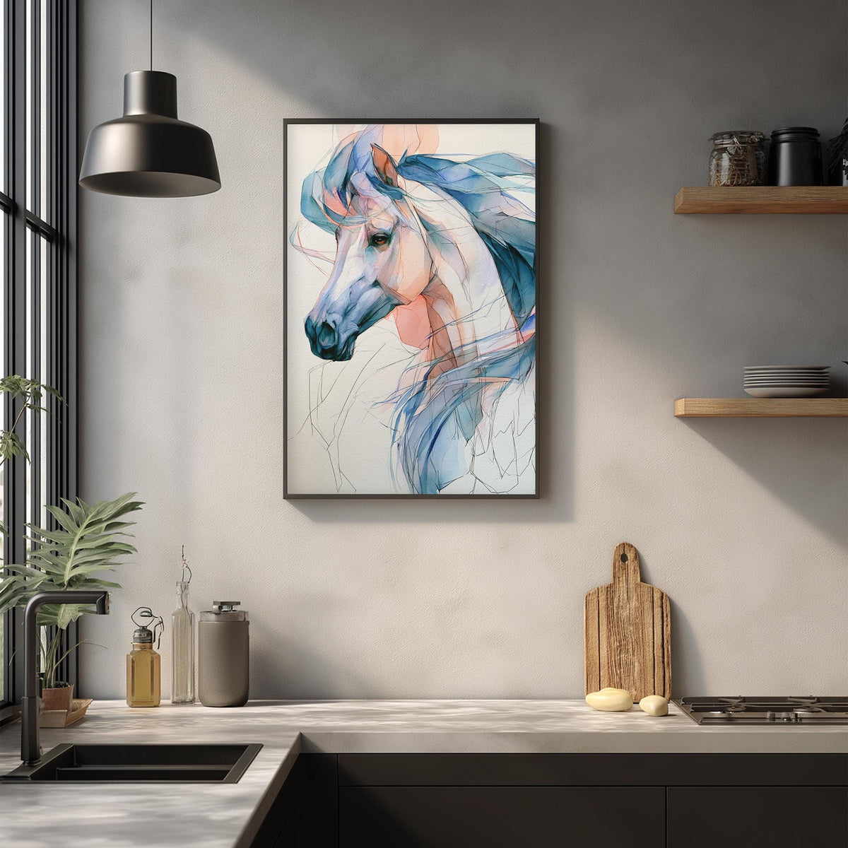 a kitchen counter with a framed painting of a horse's head hanging above it. The painting has a watercolor-like quality to it, with vibrant colors and flowing lines. The kitchen counter also has various items on it, including a cutting board, a bottle, and a vase.