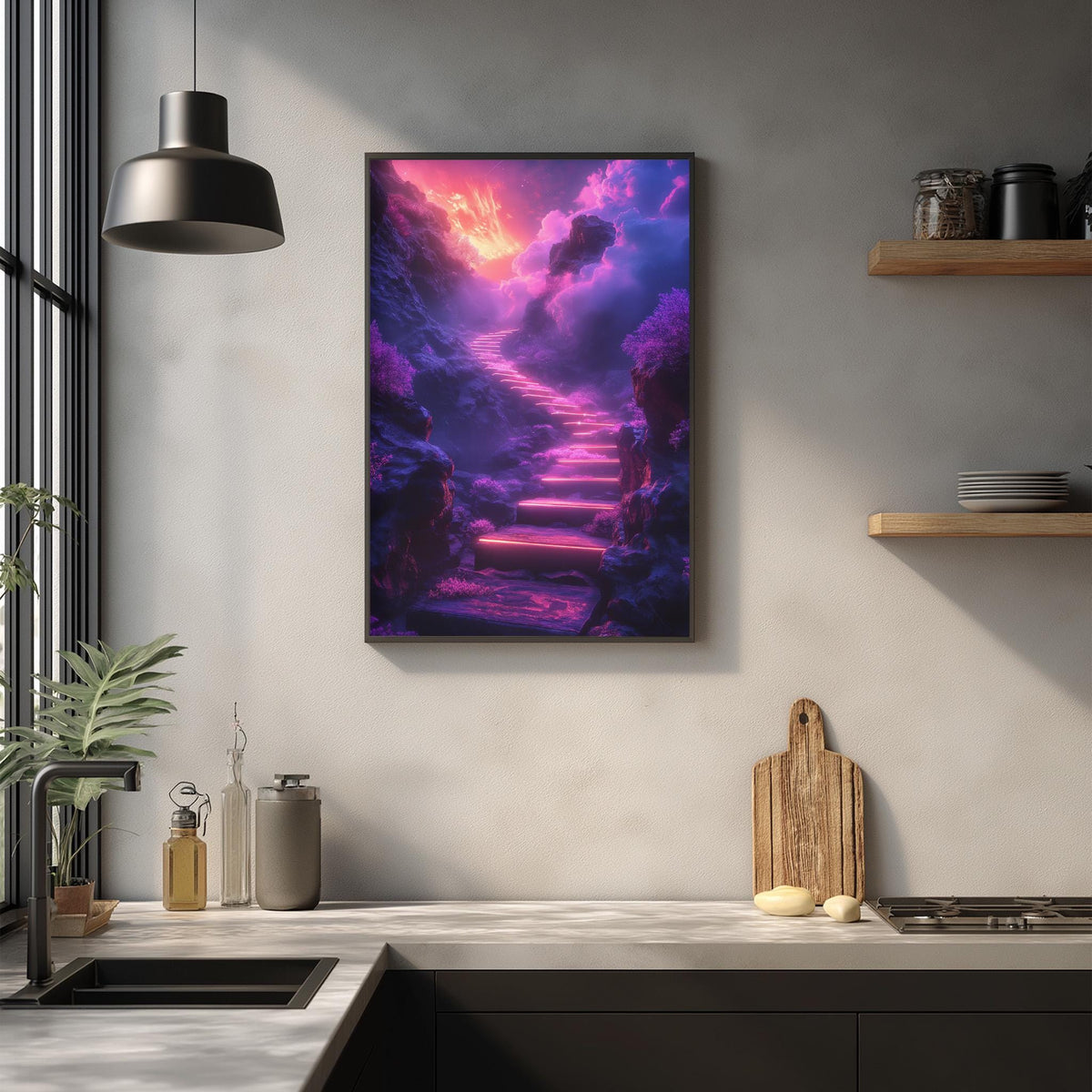 a modern kitchen with a large, colorful painting of a staircase leading to a fantasy world hanging on the wall above the counter.
