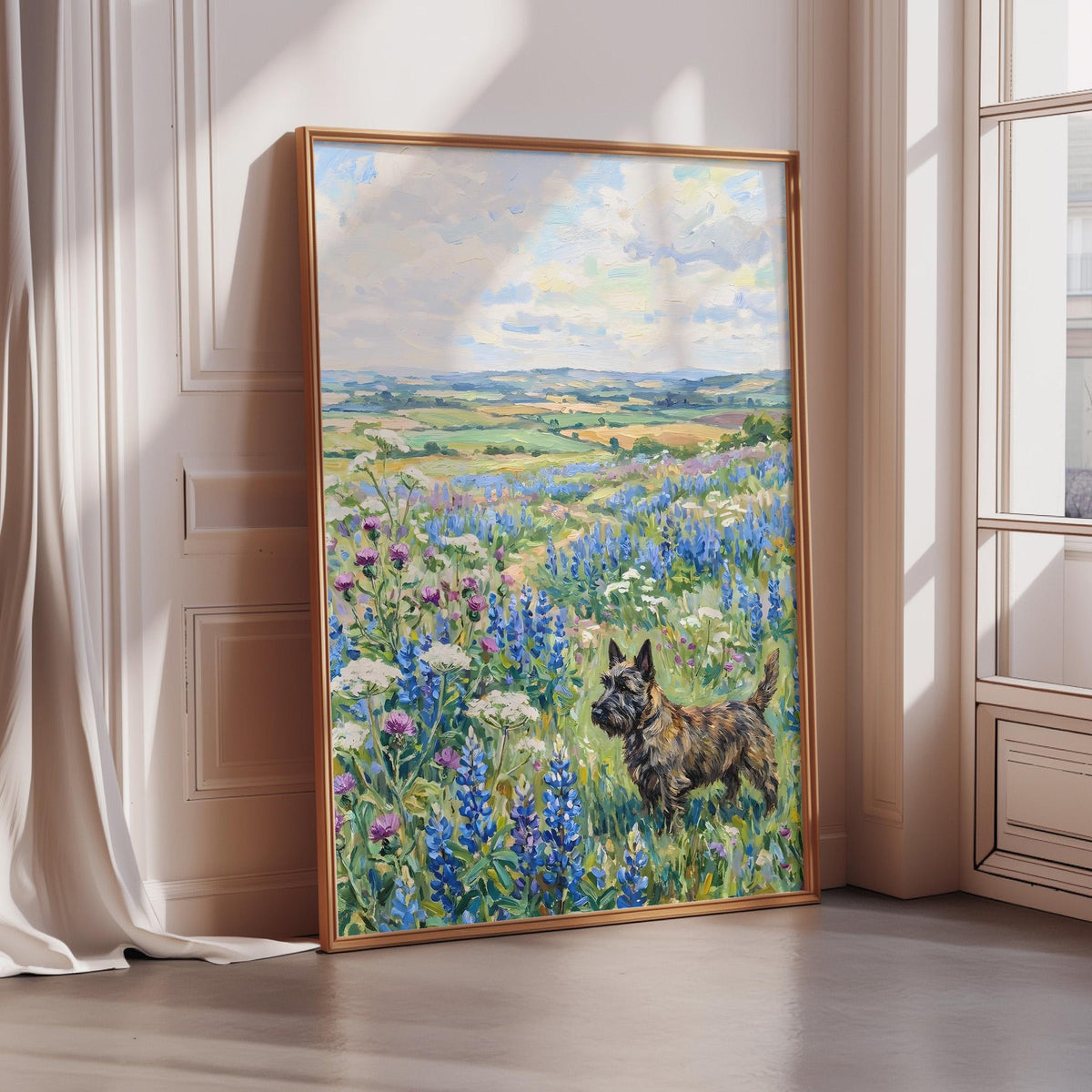 A framed painting depicting a dog standing in a field of colorful wildflowers, with a picturesque landscape in the background.