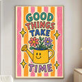 a colorful poster with a cheerful yellow watering can and flowers, hanging on a wall in a living room.