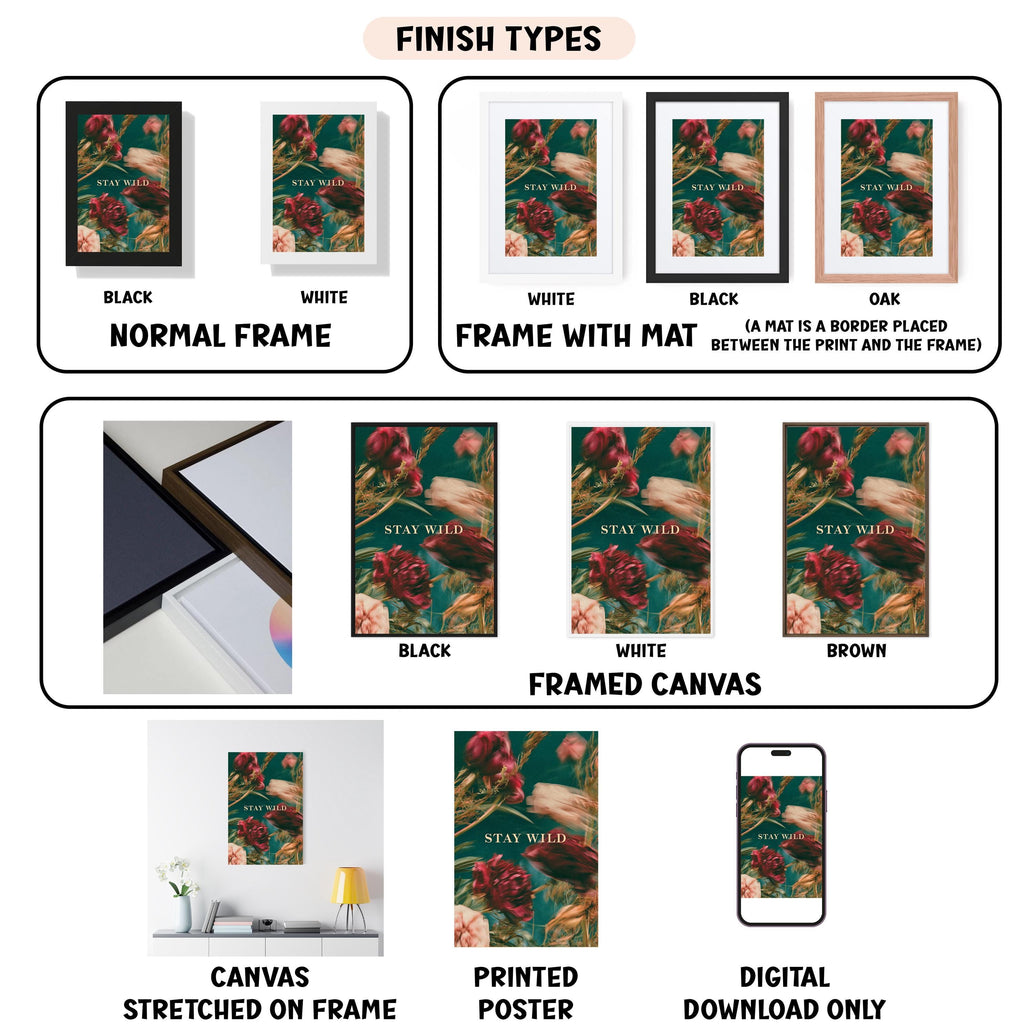 various types of artwork, including framed prints, canvas prints, and digital prints, each with different finishes and frame styles.