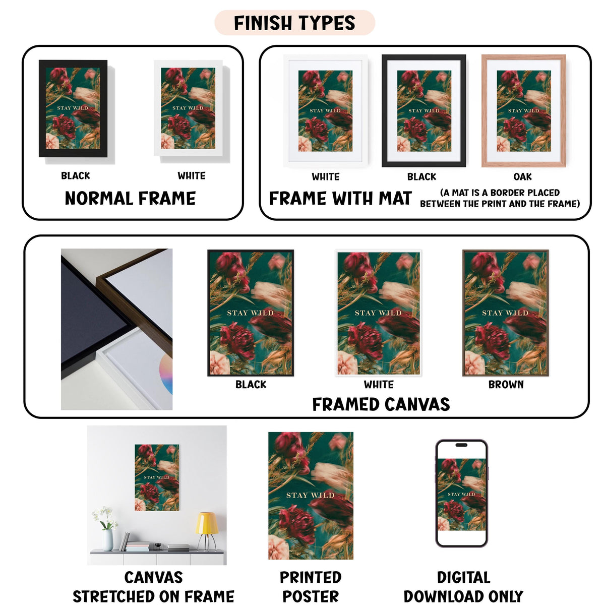 various types of artwork, including framed prints, canvas prints, and digital prints, each with different finishes and frame styles.