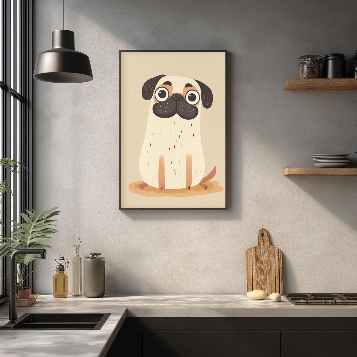 a kitchen scene with a framed illustration of a pug dog on the wall above a countertop with various kitchen items such as a cutting board, a bottle, and a bowl.