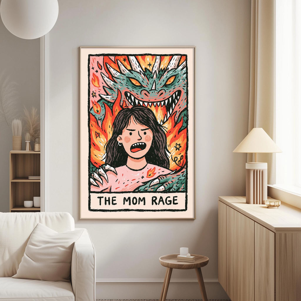 a poster of a woman with a dragon behind her, and the text "THE MOM RAGE" below the illustration.