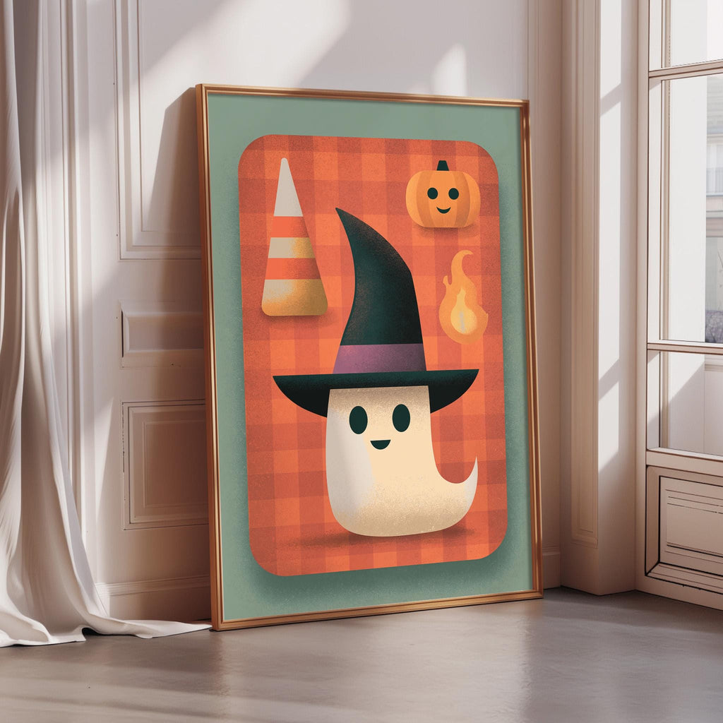 a Halloween-themed poster with a ghost wearing a witch's hat, a pumpkin, and a cone.