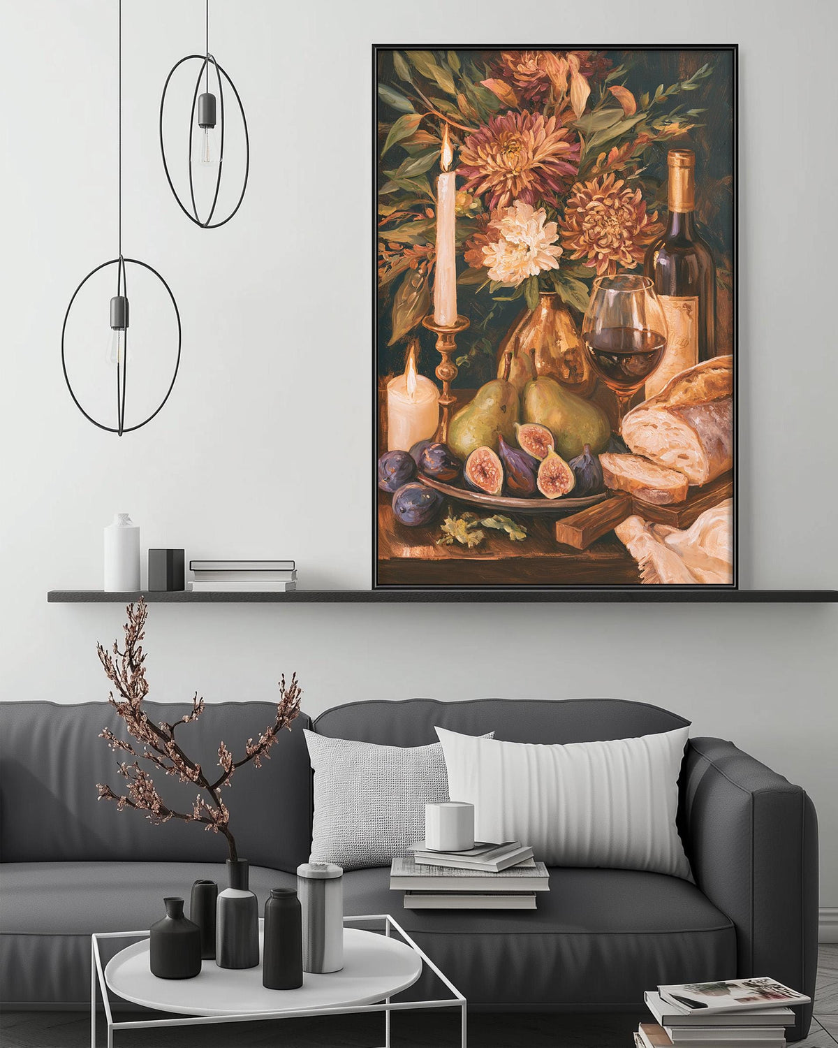 a cozy living room with a gray sofa, a coffee table, and a large painting of a still life arrangement with fruits, flowers, and candles. The painting is hanging on the wall above the sofa, creating a warm and inviting atmosphere in the space.