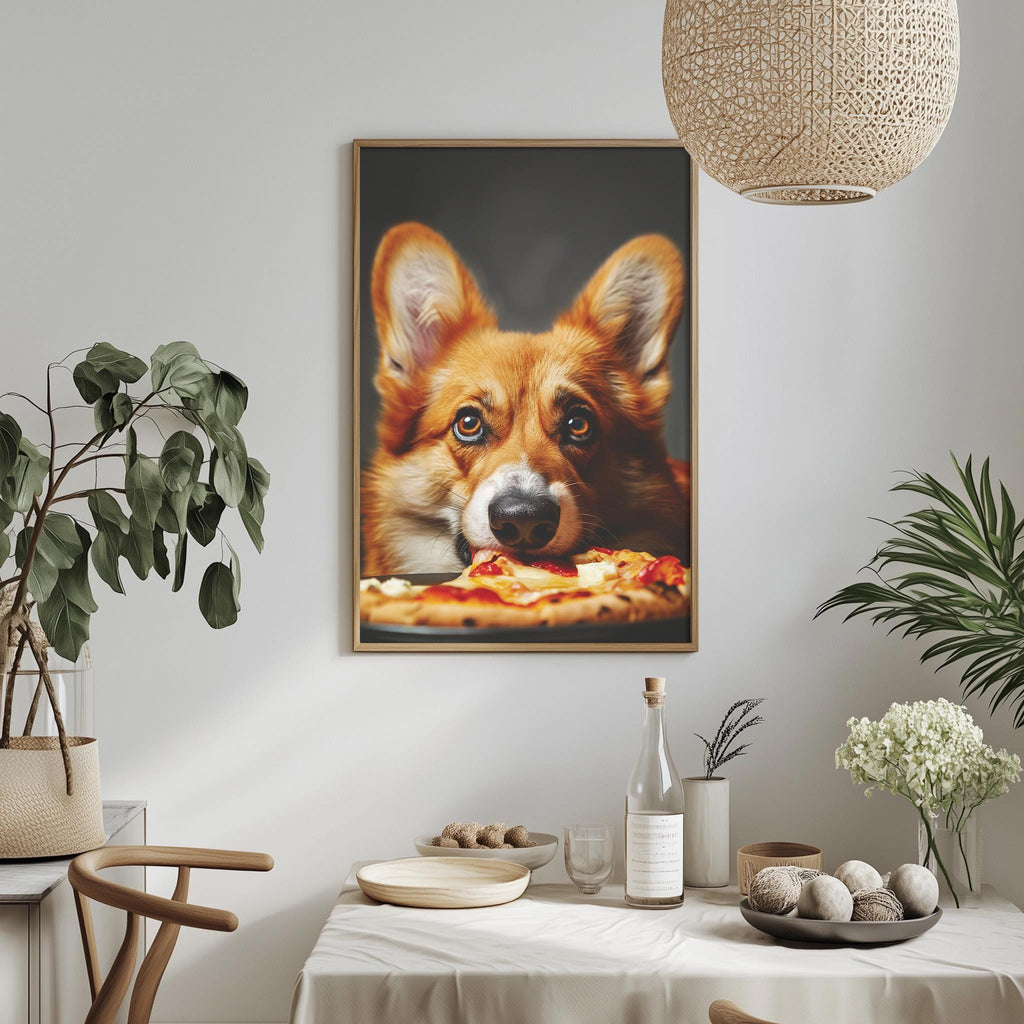 a framed photograph of a dog eating pizza, hanging on a wall above a dining table with various items on it.