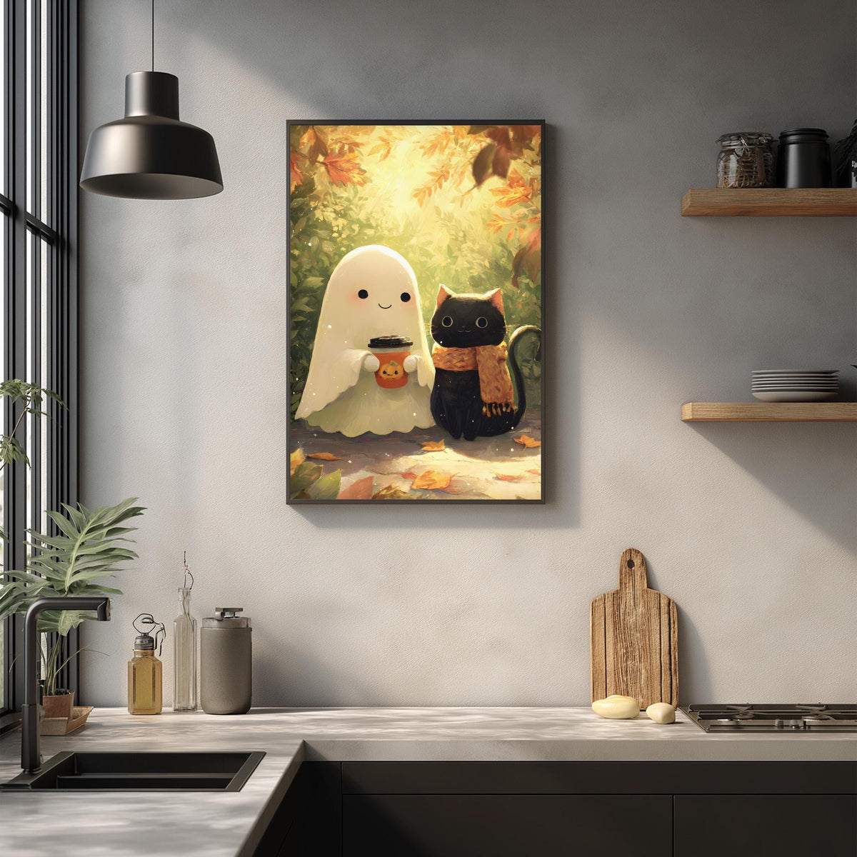 a kitchen scene with a framed illustration of a ghost and a cat on the wall.