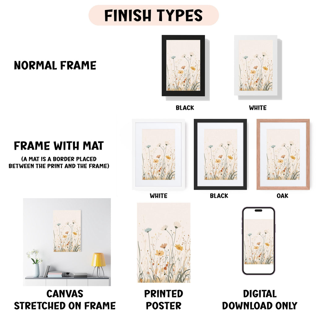 various finish types for artwork, including a normal frame, a frame with a mat, a white frame, a black frame, an oak frame, a white canvas stretched on a frame, a printed poster, and a digital download only.