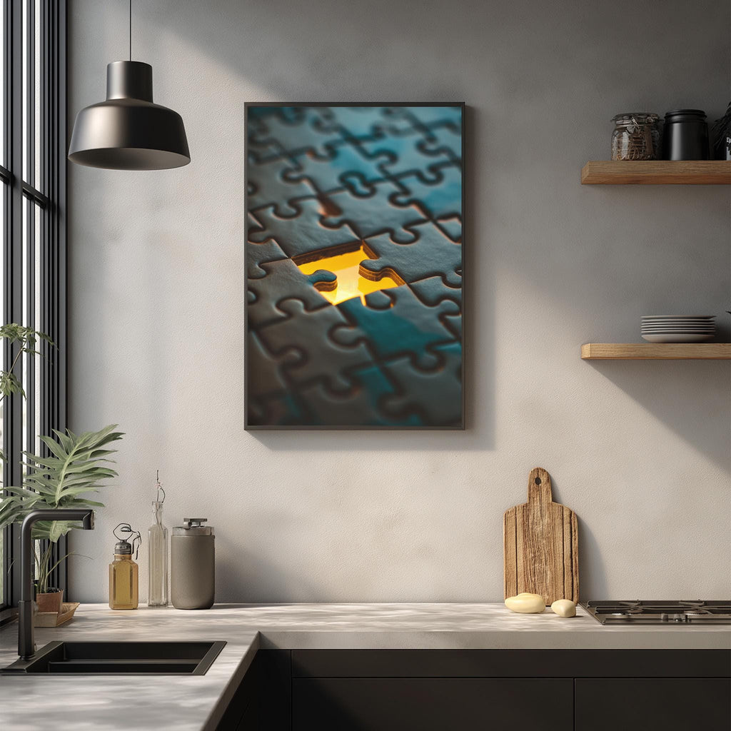 a kitchen counter with various items such as a cutting board, a bottle, and a plant. Above the counter, there is a framed image of a jigsaw puzzle with a yellow piece missing, creating a visually interesting and artistic display.