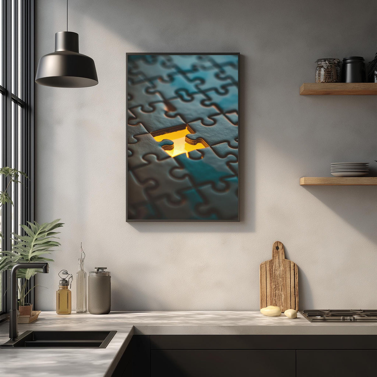 a kitchen counter with various items such as a cutting board, a bottle, and a plant. Above the counter, there is a framed image of a jigsaw puzzle with a yellow piece missing, creating a visually interesting and artistic display.