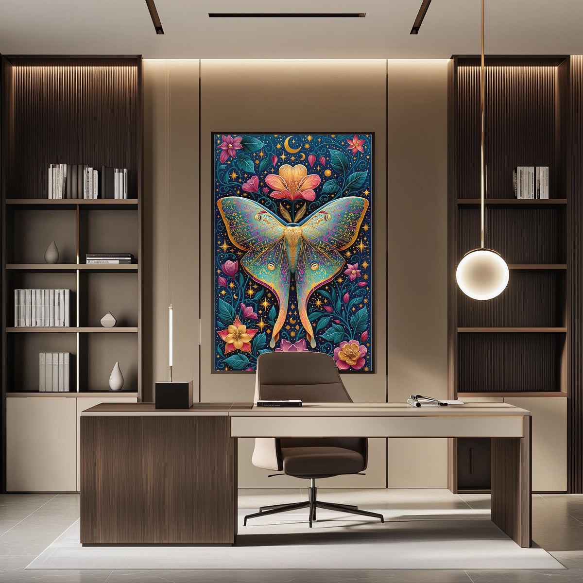 a modern office space with a large, colorful butterfly artwork hanging on the wall behind a desk. The desk has a chair and a lamp, creating a comfortable and functional workspace.