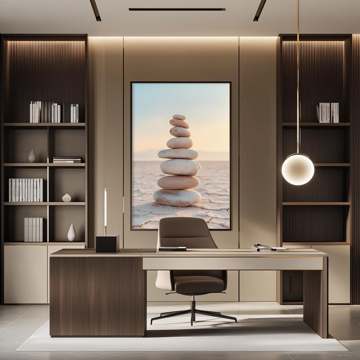a modern and minimalist office space with a large framed picture of a stack of stones on the wall, creating a serene and calming atmosphere.