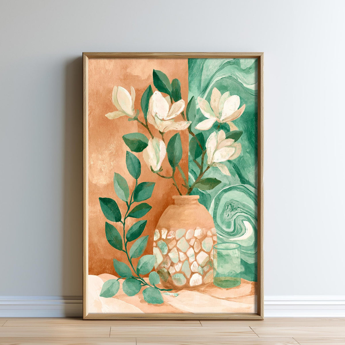 The image is a framed painting depicting a vase with white flowers and green leaves, set against a background of green and orange hues.