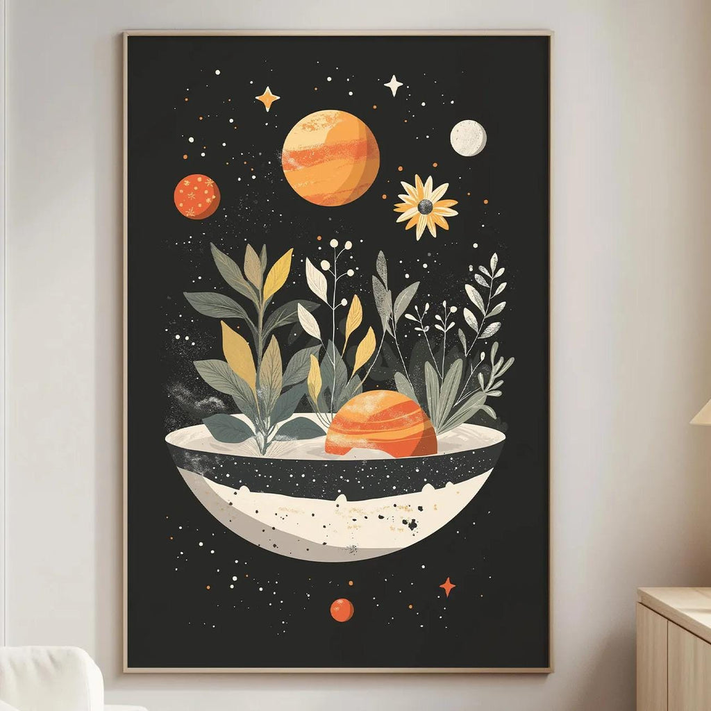 a living room with a large, colorful painting hanging on the wall depicting a plant growing in a bowl against a black background with stars and planets.