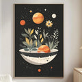 a living room with a large, colorful painting hanging on the wall depicting a plant growing in a bowl against a black background with stars and planets.