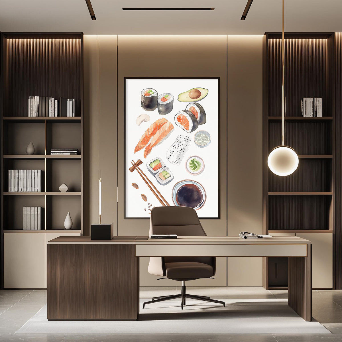 a modern office space with a large framed print of sushi on the wall, a wooden desk with a chair, and built-in bookshelves.