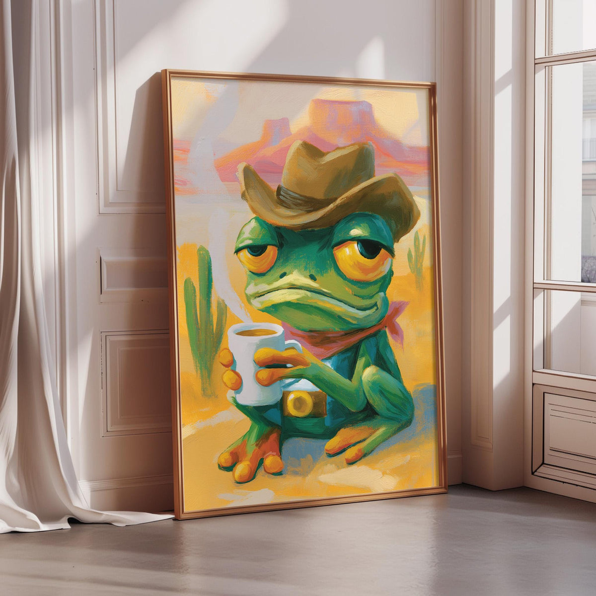 A framed painting of a green frog wearing a cowboy hat and holding a cup of coffee, set against a desert landscape.