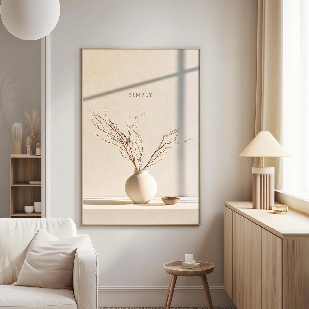 a serene and minimalist living room with a large framed picture of a vase with branches hanging on the wall, a white sofa, a wooden side table, and a lamp on a wooden cabinet.