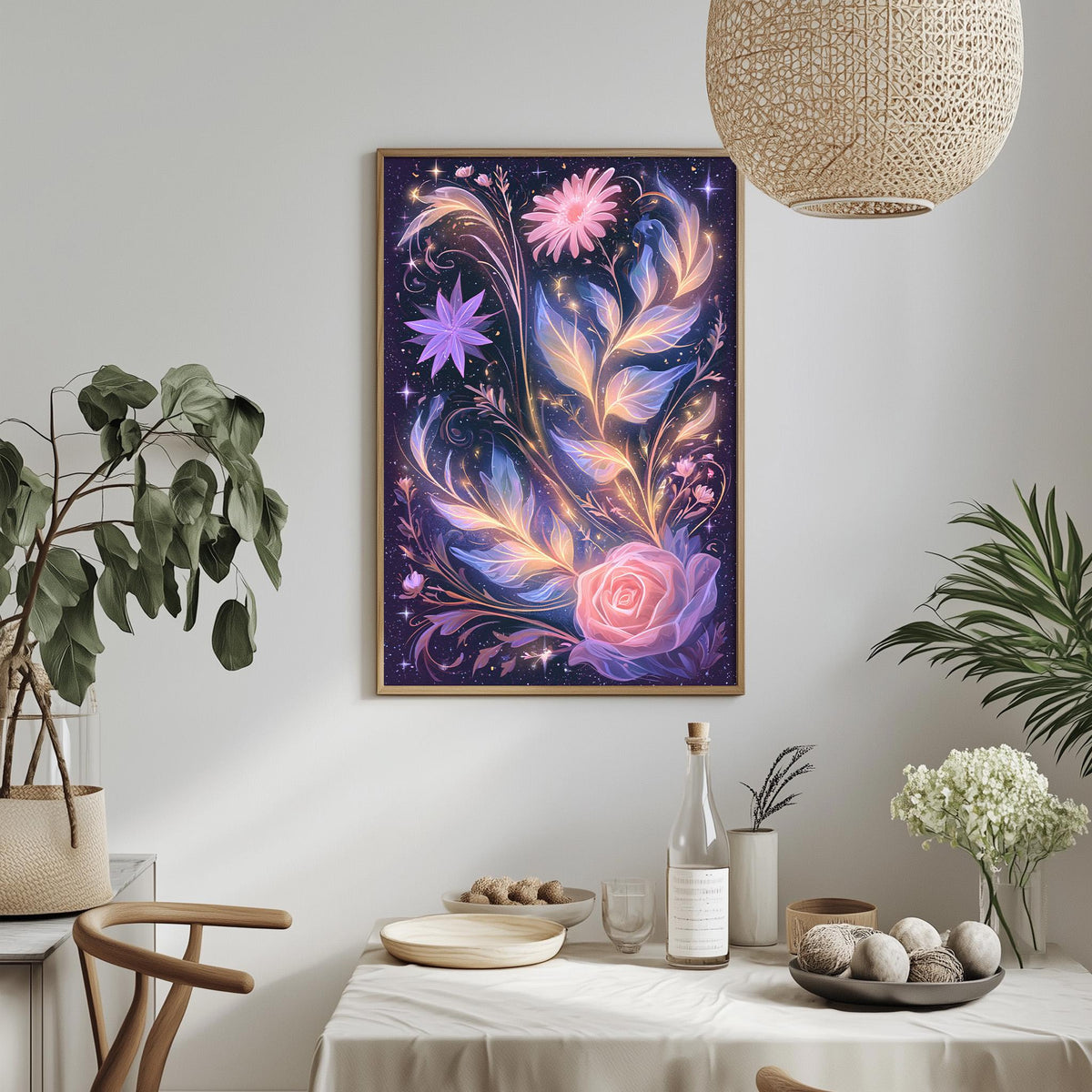a vibrant and colorful floral painting hanging on a wall above a dining table, which is set with various decorative items such as a potted plant, a vase, and a bowl.