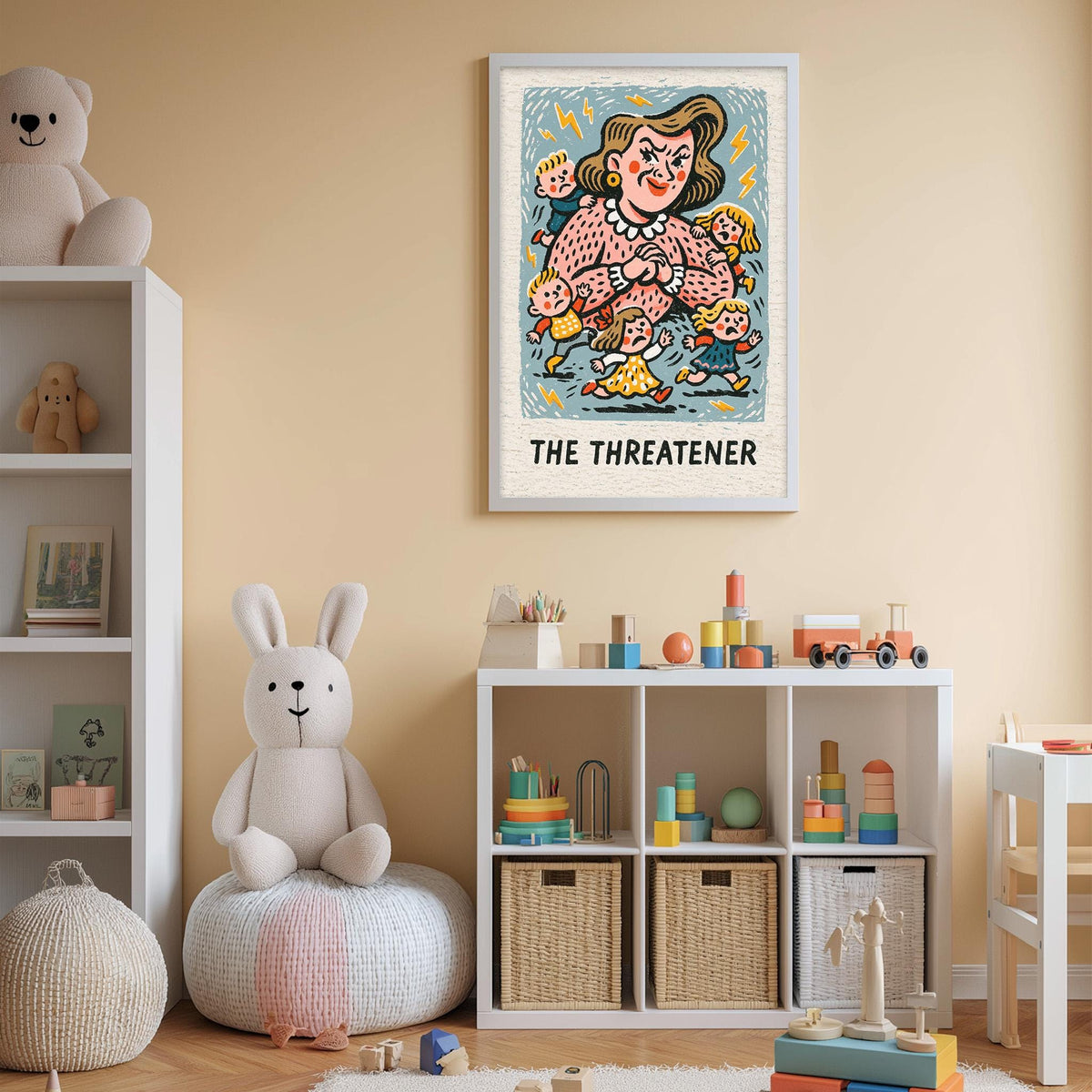 a child's bedroom with a large poster of a character named "The Threatener" on the wall, a white bookshelf filled with toys, and a white chair.