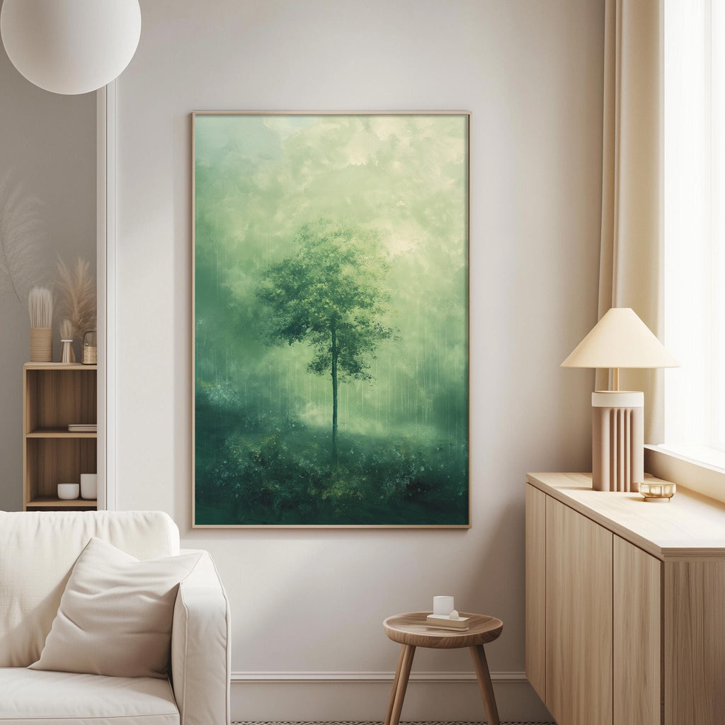 a serene living room with a large painting of a tree in a misty forest scene hanging on the wall. The painting is framed in a dark wood frame and is the focal point of the room. The room is furnished with a white sofa, a wooden side table, and a lamp on a wooden cabinet. The overall atmosphere of the room is calm and peaceful, with the natural elements of the painting adding a touch of nature to the space.