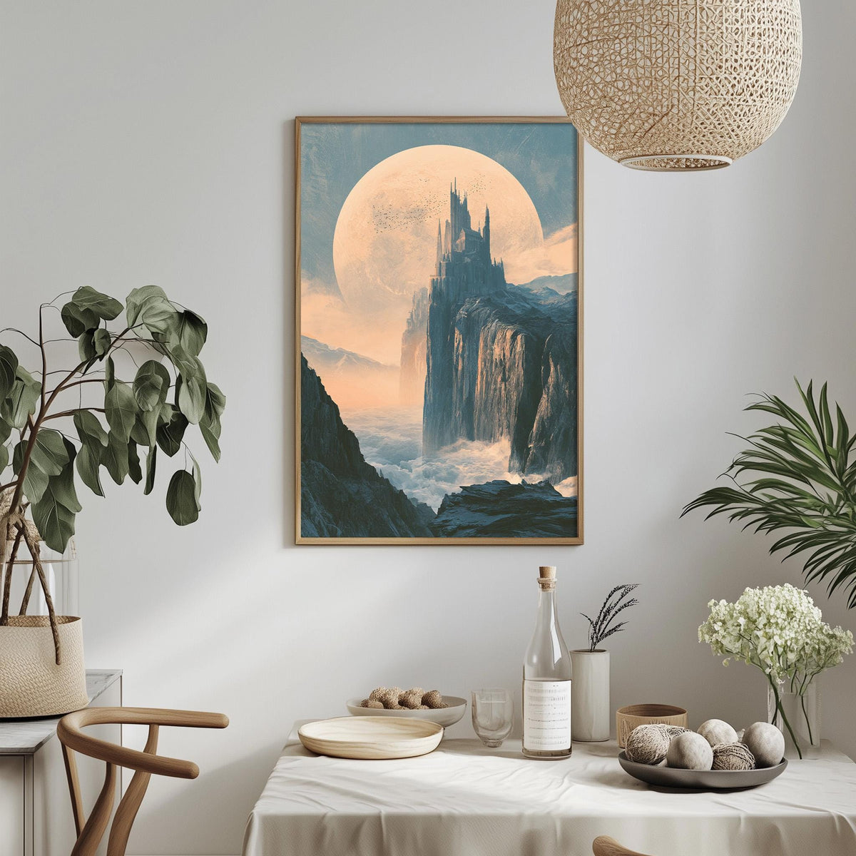 a large, framed painting of a castle on a cliff, with a large moon in the background. The painting is hanging on a wall above a dining table, which has a vase of flowers, a bottle, and a bowl of fruit on it. The table is set with plates, a wine glass, and a bottle of wine. The room also has some potted plants and a hanging light fixture.