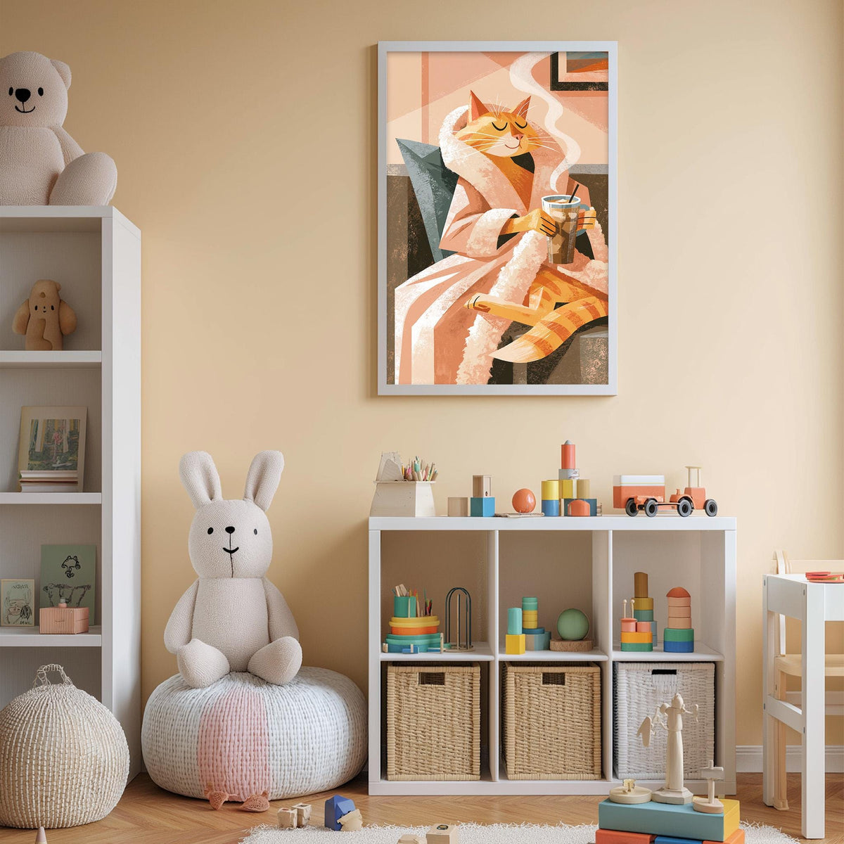 A cozy children's room with a large stuffed rabbit, a framed illustration of a cat in a robe, and a bookshelf filled with toys and books.
