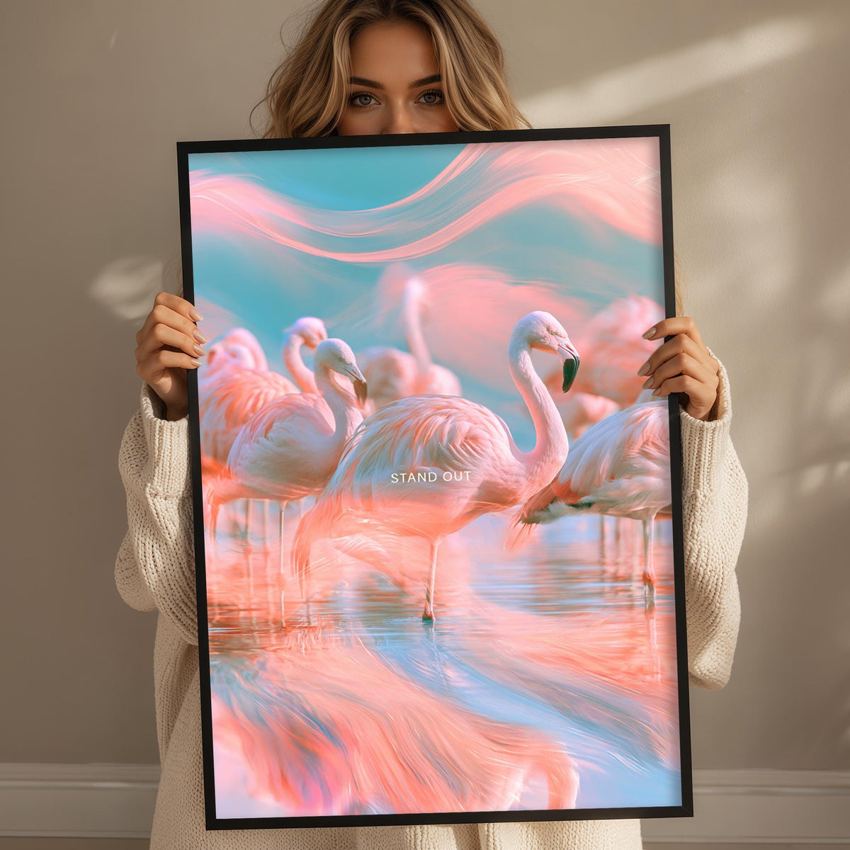 A woman holds up a framed image of a group of pink flamingos in a body of water, with the word "STAND OUT" written on the frame.