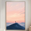 a serene scene of a person standing on a mountain peak, overlooking a breathtaking landscape of mountains and a vibrant sky.