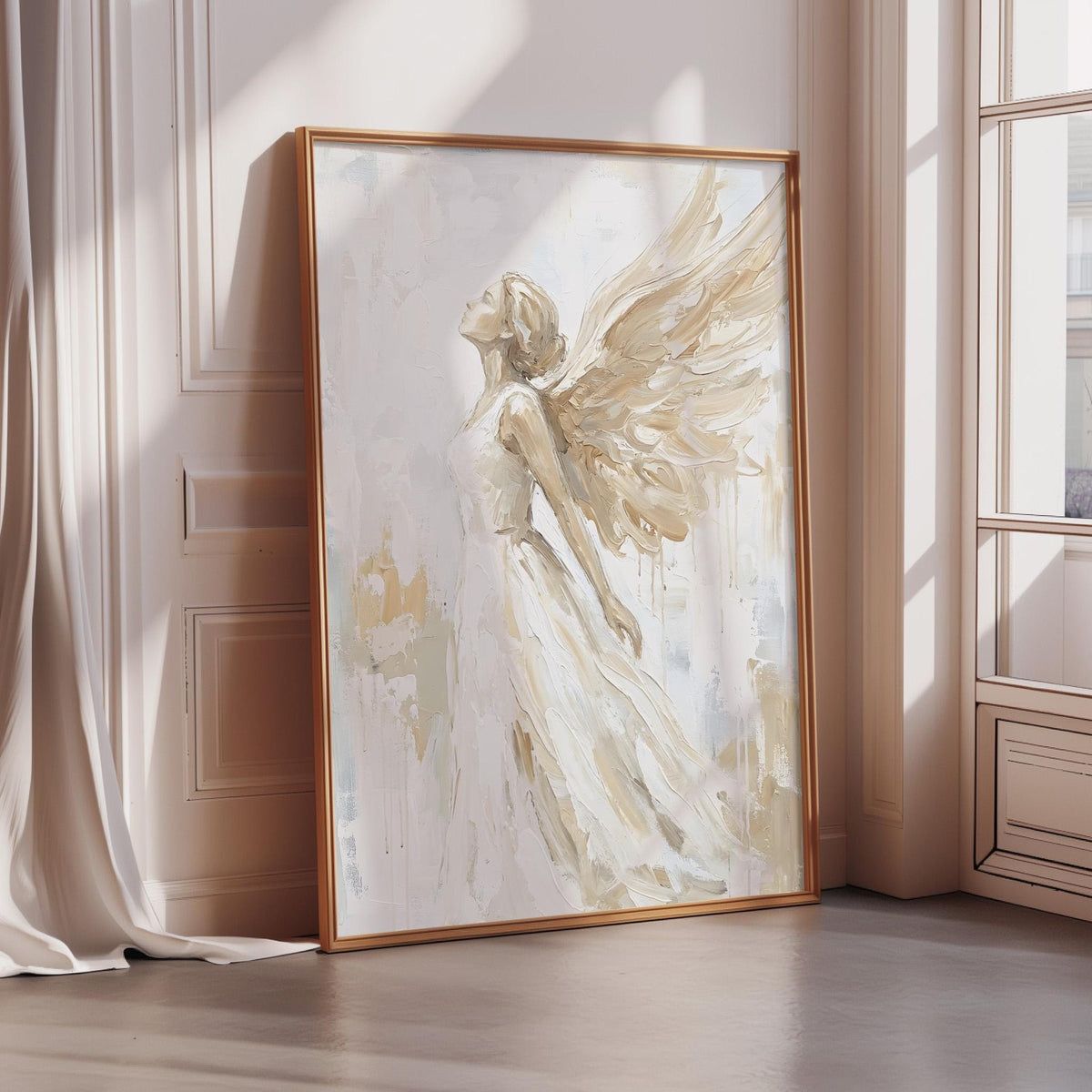 a large framed painting of a woman with angelic wings, standing in a serene and elegant setting.