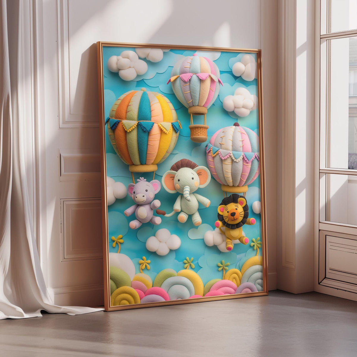 A framed artwork depicting a whimsical scene with three hot air balloons floating in the sky, along with a lion, a monkey, and a bird.