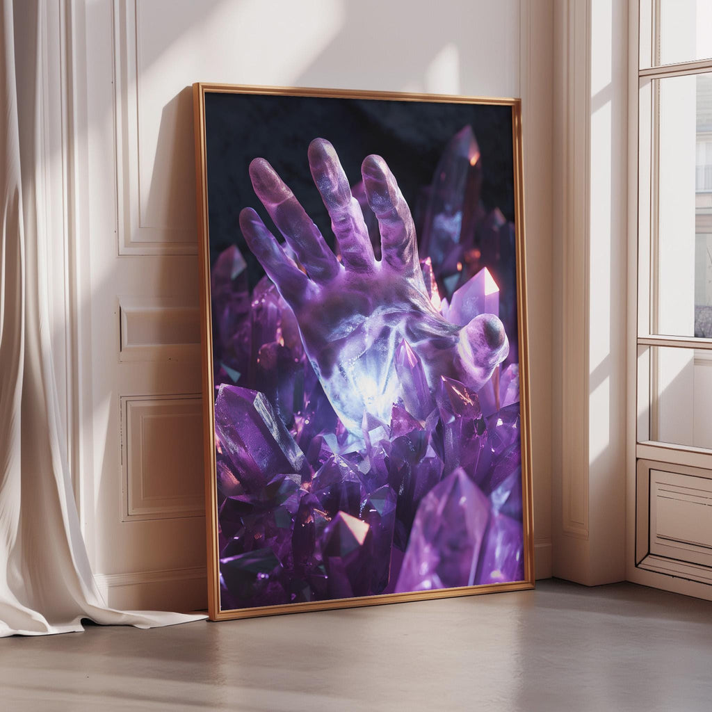 a large, framed artwork depicting a hand emerging from a cluster of purple crystals, with the hand appearing to be made of a translucent, glowing material.