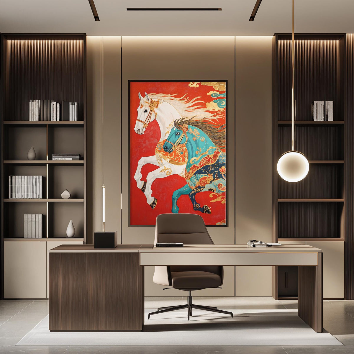 a modern and stylish office space with a large, colorful painting of a horse on the wall. The office features a wooden desk, a comfortable chair, and a bookshelf filled with books. The overall design and decor create a professional and visually appealing atmosphere.