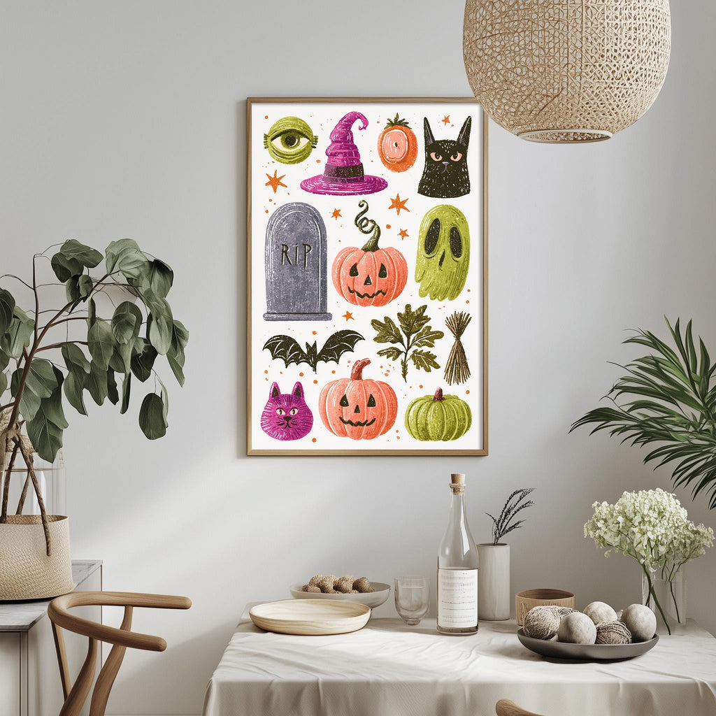 a Halloween-themed poster hanging on a wall, surrounded by various Halloween-related items such as a witch's hat, a pumpkin, a ghost, a skeleton, a bat, a cat, a bottle, a bowl, and a vase.