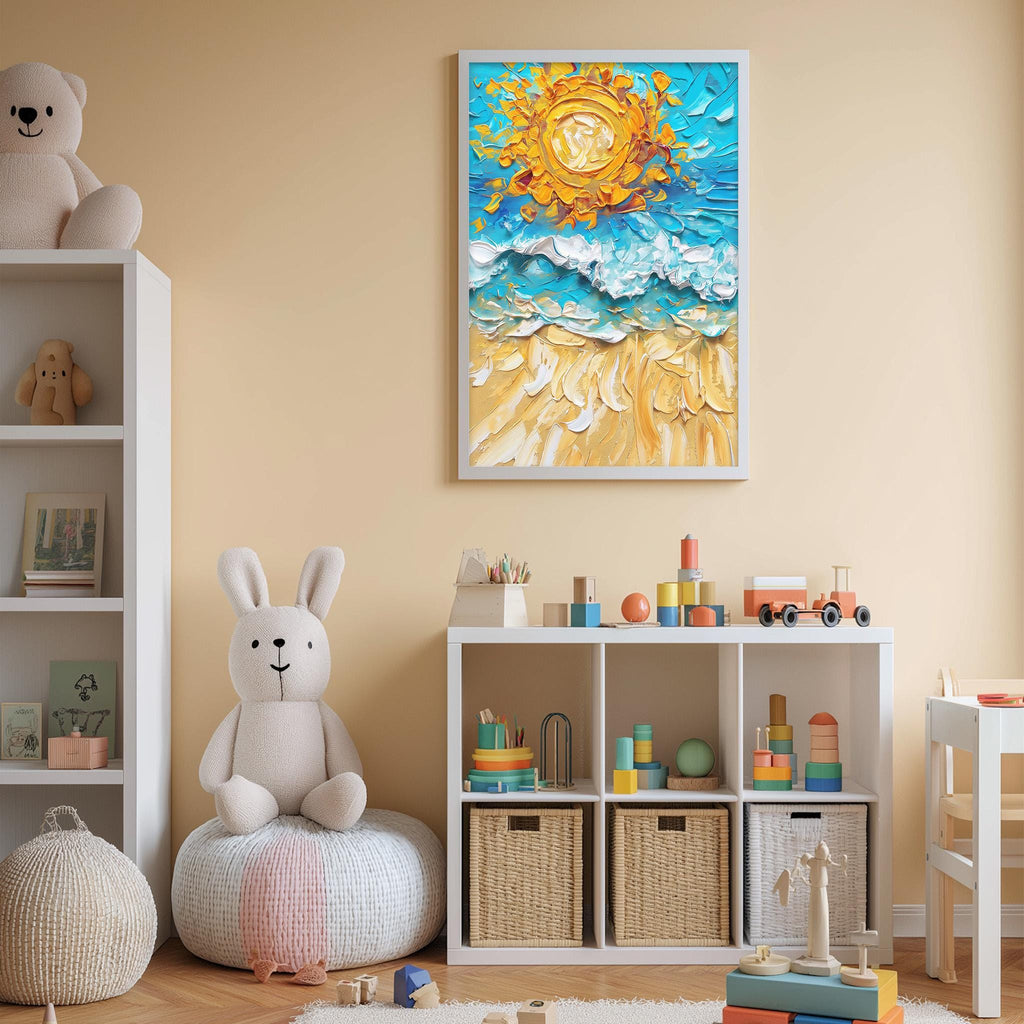 A child's bedroom with a white bookshelf, a stuffed rabbit, and a colorful painting of a beach scene on the wall.