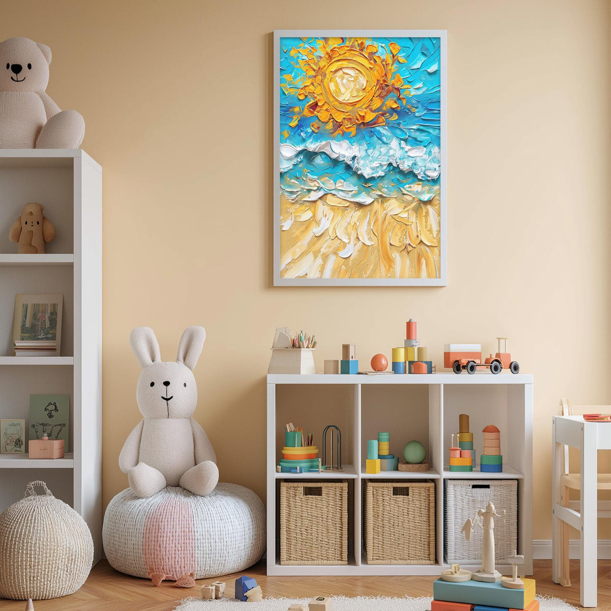 A child's bedroom with a white bookshelf, a stuffed rabbit, and a colorful painting of a beach scene on the wall.