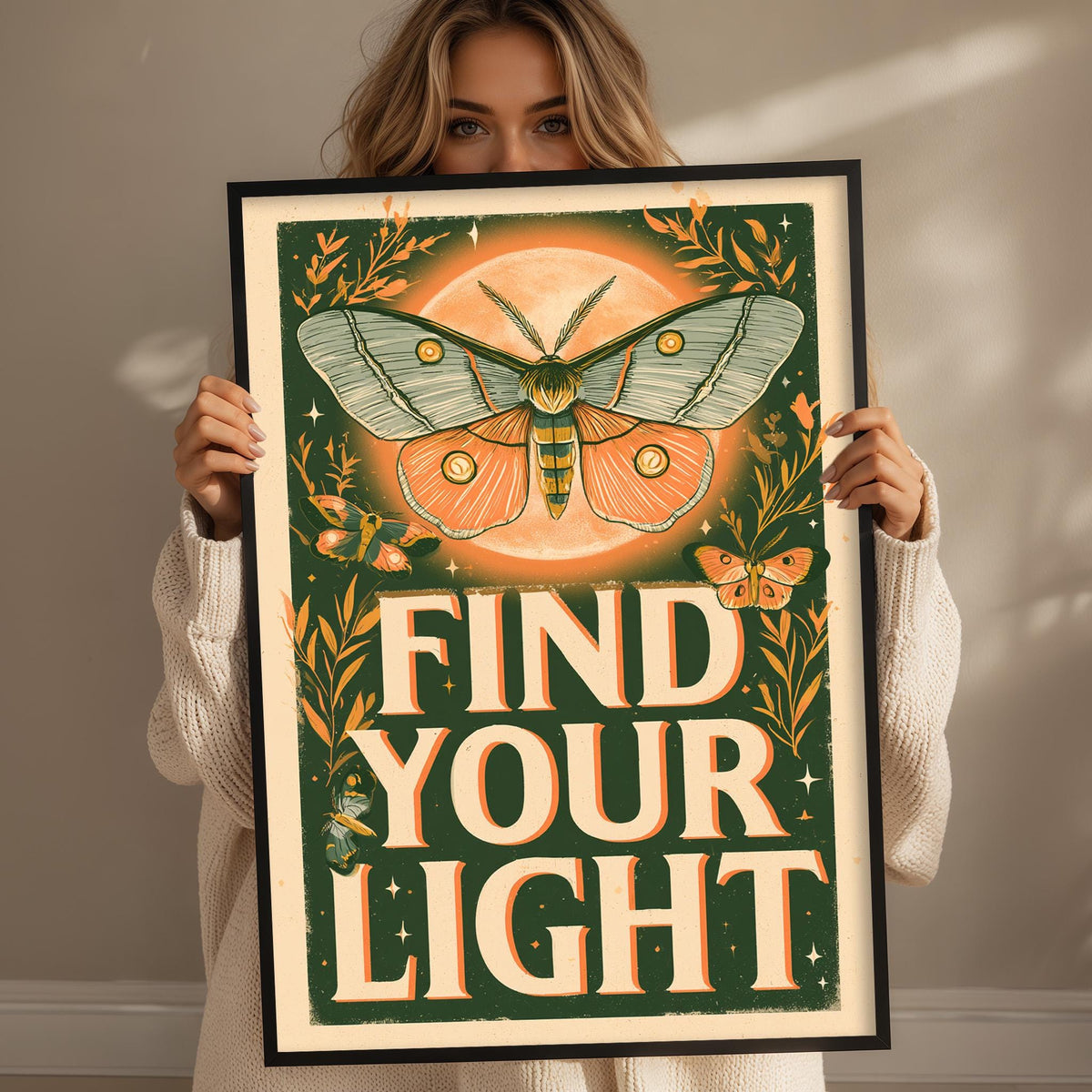 A woman holding a framed poster with a butterfly and moon design.