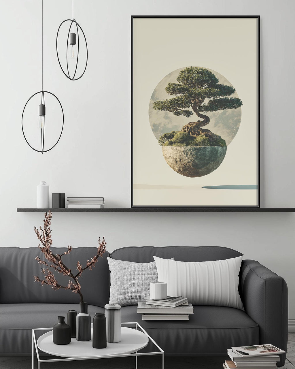 a modern living room with a gray sofa, a coffee table, and a large framed artwork depicting a bonsai tree on a floating island.