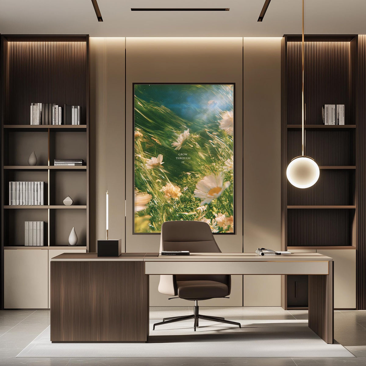 a modern and well-lit office space with a large framed artwork of flowers on the wall, a wooden desk with a chair, and built-in bookshelves.