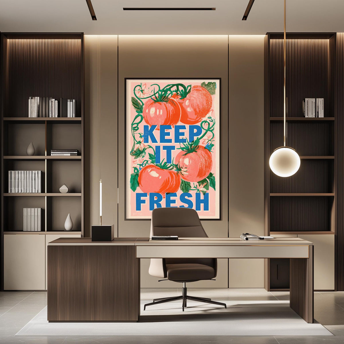 a modern office space with a desk, chair, and a large poster on the wall that reads "KEEP IT FRESH".