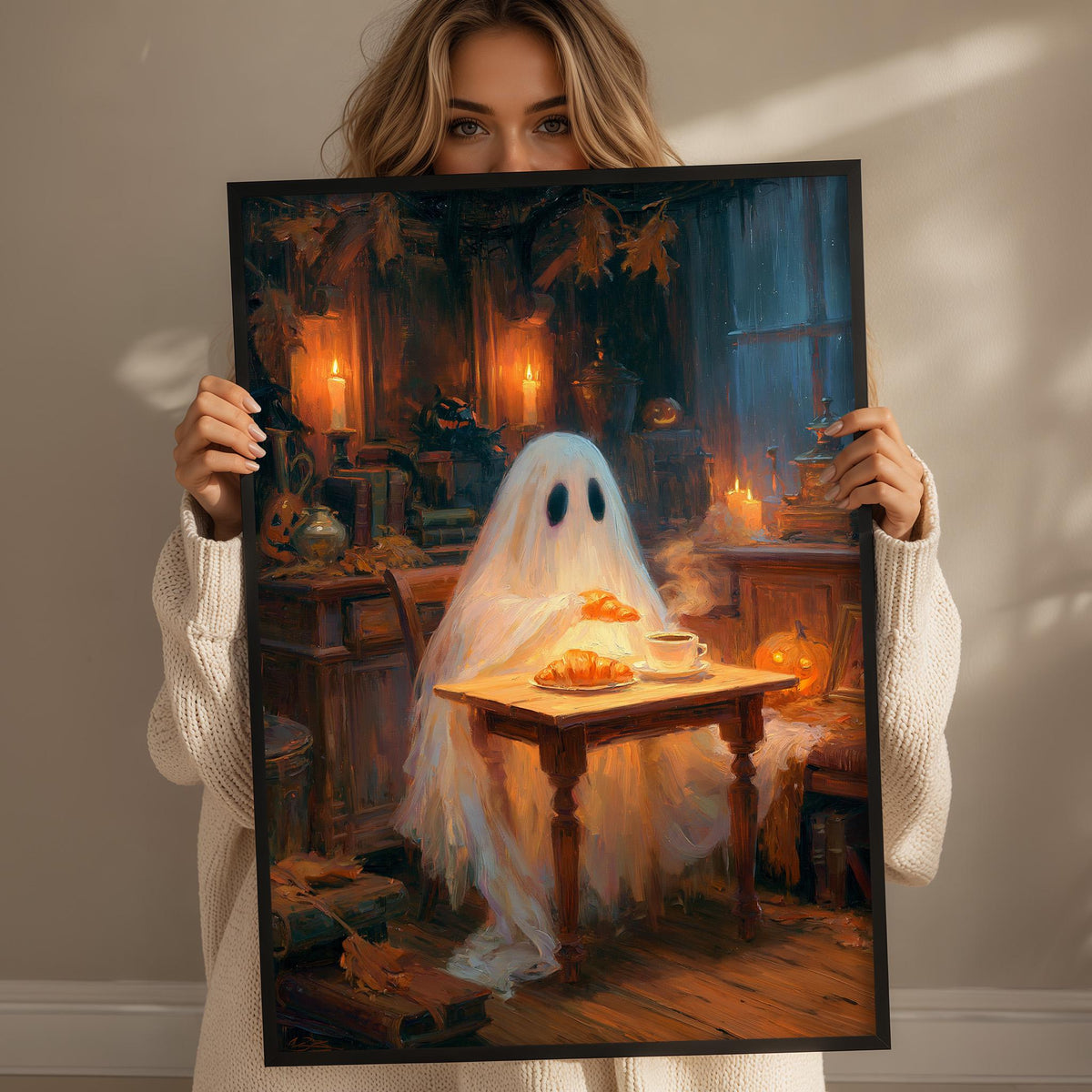 A woman holds up a framed painting depicting a ghost sitting at a table with food, surrounded by a dimly lit, spooky atmosphere.