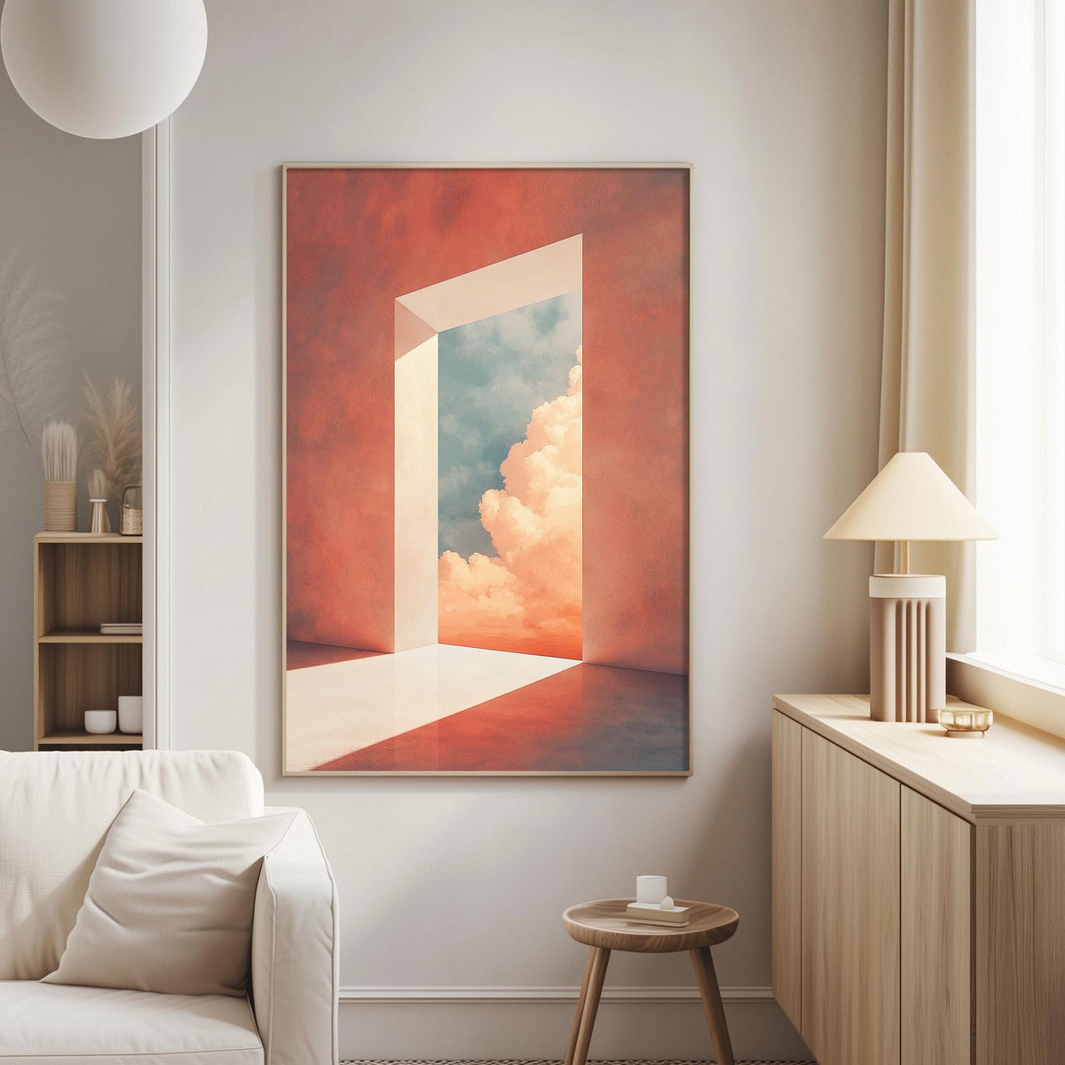 a living room with a large, colorful painting hanging on the wall, depicting an open doorway leading to a cloudy sky. The room is furnished with a white sofa, a wooden side table, and a lamp on a wooden cabinet.