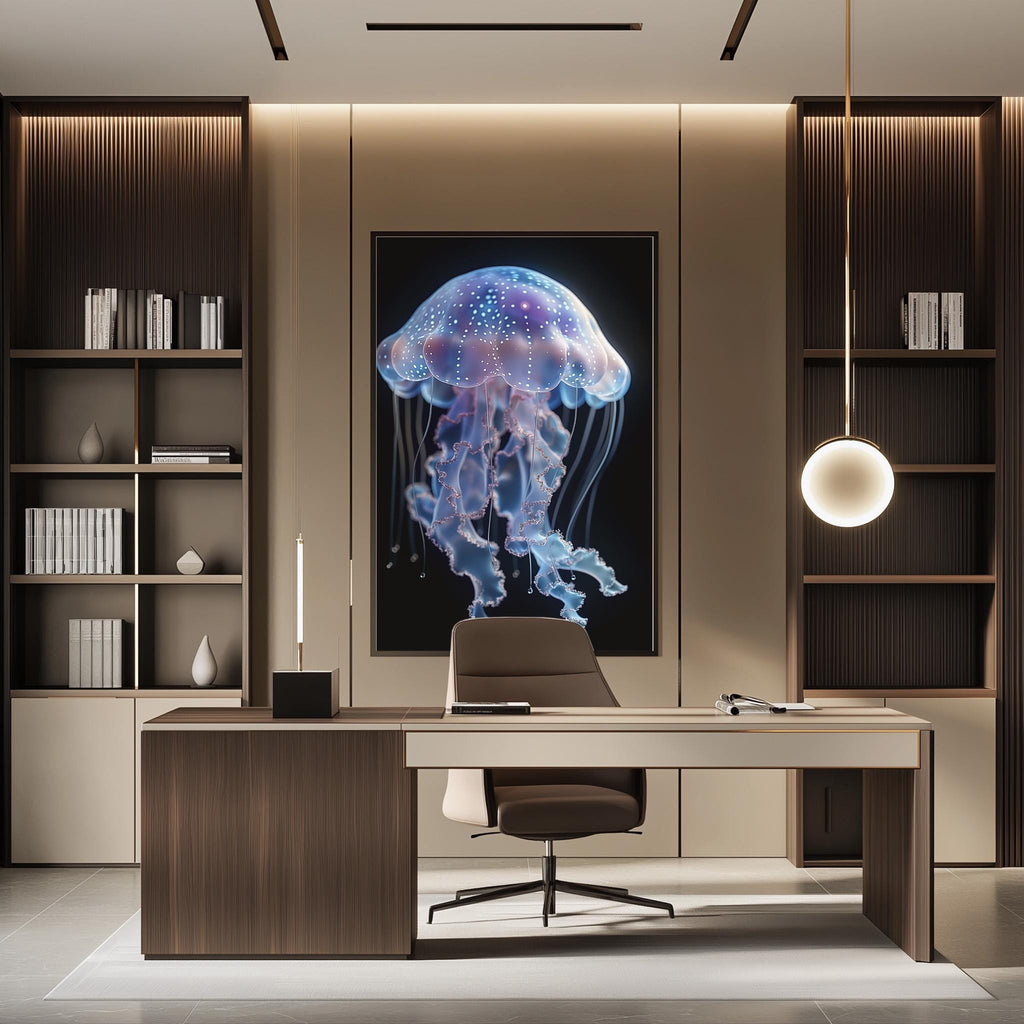 a modern office space with a large framed image of a jellyfish on the wall. The office has a wooden desk, a chair, and a bookshelf. The overall design and decor create a professional and stylish atmosphere.