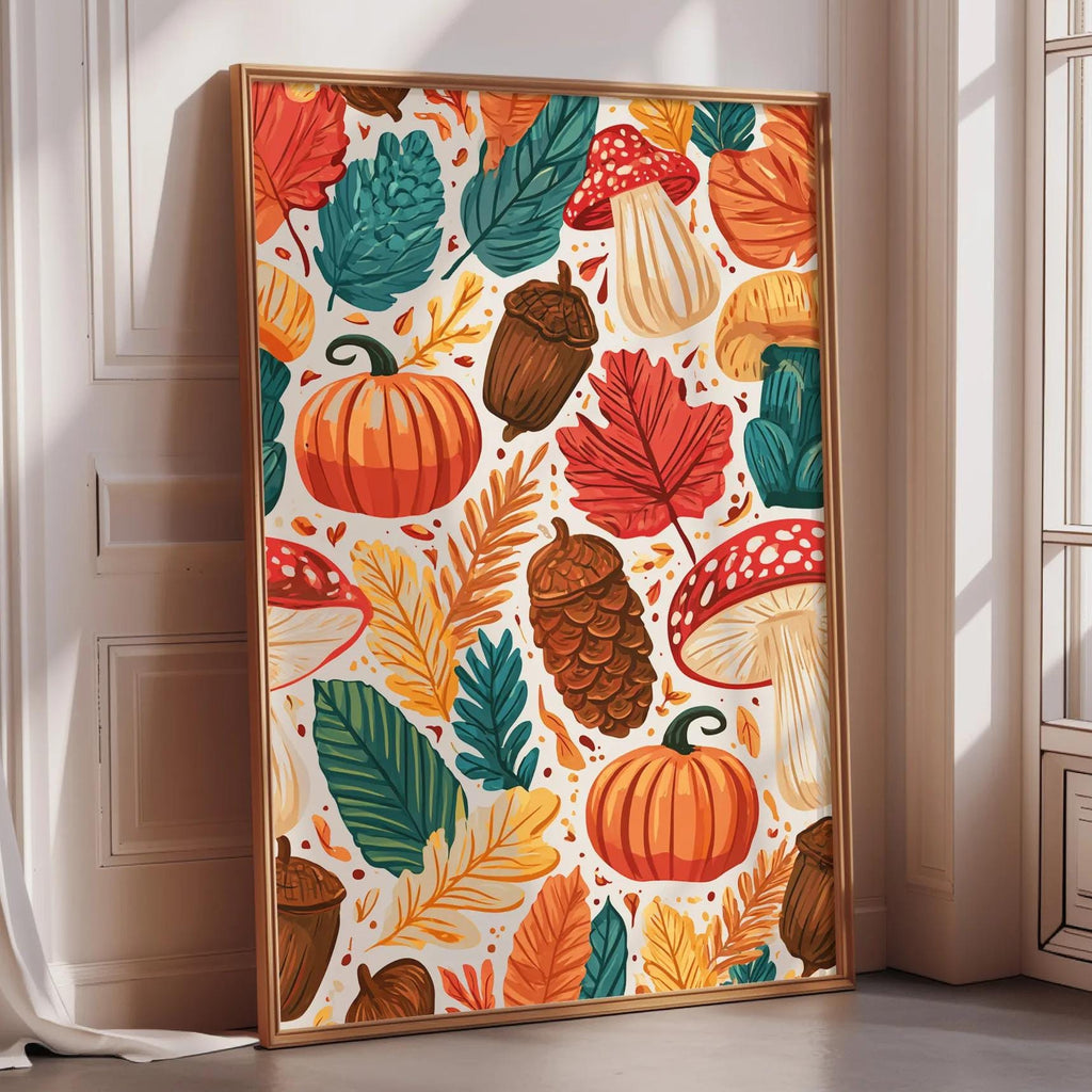 a vibrant and colorful autumn-themed poster or painting, with various fall fruits and vegetables such as pumpkins, acorns, and leaves in shades of orange, yellow, and green. The poster is displayed on a wall, and there is a curtain visible in the background.