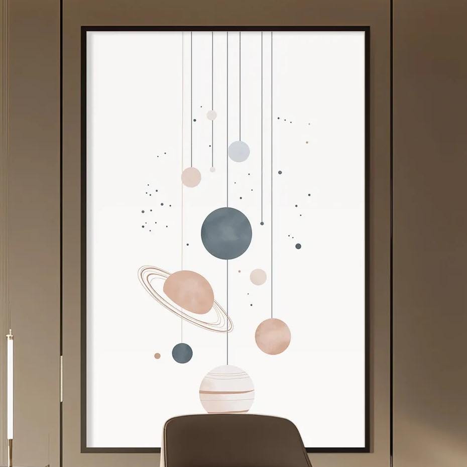 a modern and well-organized office space with a large desk, a comfortable chair, and a large window providing natural light. The office is decorated with a minimalist design, featuring wooden shelves, a large abstract painting, and a hanging light fixture.
