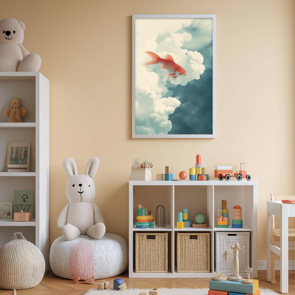 A cozy children's room with a white bookshelf, a plush white bunny, a colorful toy chest, and a framed picture of a fish swimming in the clouds.