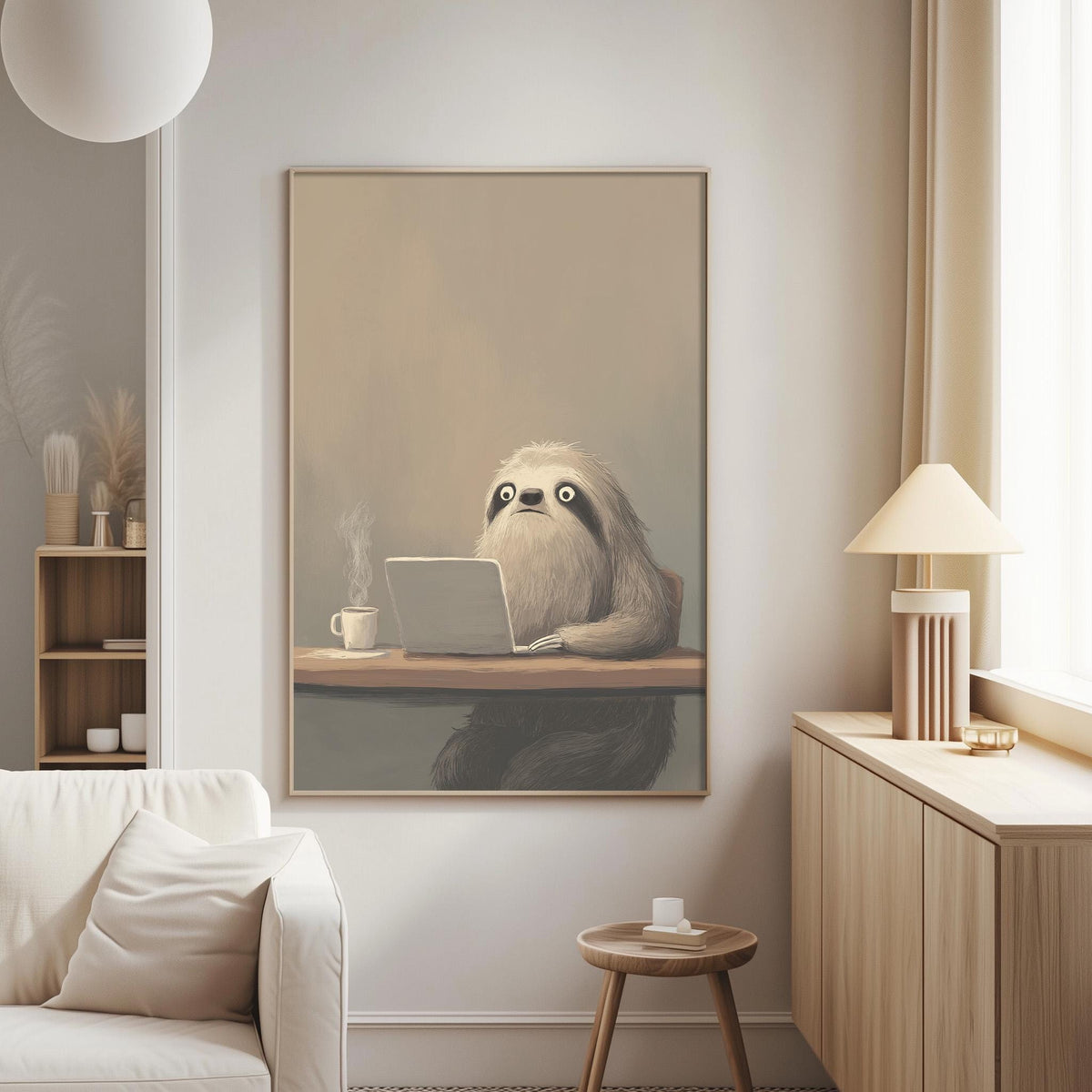 a cozy living room with a large painting of a sloth sitting at a desk, using a laptop and a cup of coffee. The painting is hung on the wall above a white couch, and there is a lamp on a side table next to the couch.